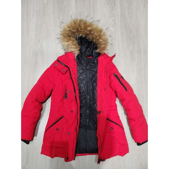 GUESS Puffer Parka Jacket Faux Fur Hood Red S/CH/XS Zip Pockets Winter Used - Picture 3 of 13